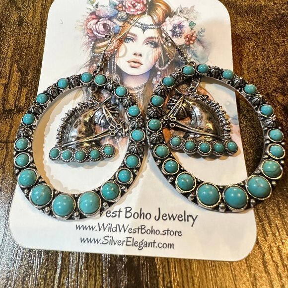 Boho Vibrant Turquoise Horse Estuarian Charm Statement Earrings , Gift Box - Picture 2 of 11